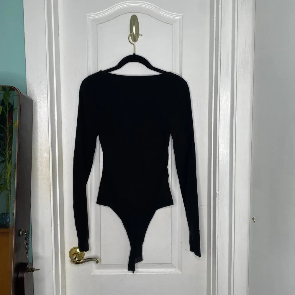 Free People Intimately Black Square Neck V Notch Stretch Bodysuit, S #338 - Picture 6 of 10